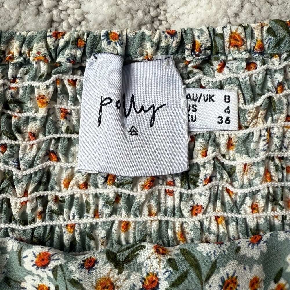 Princess Polly Green Floral Smocked Top with Orange & White Daisies